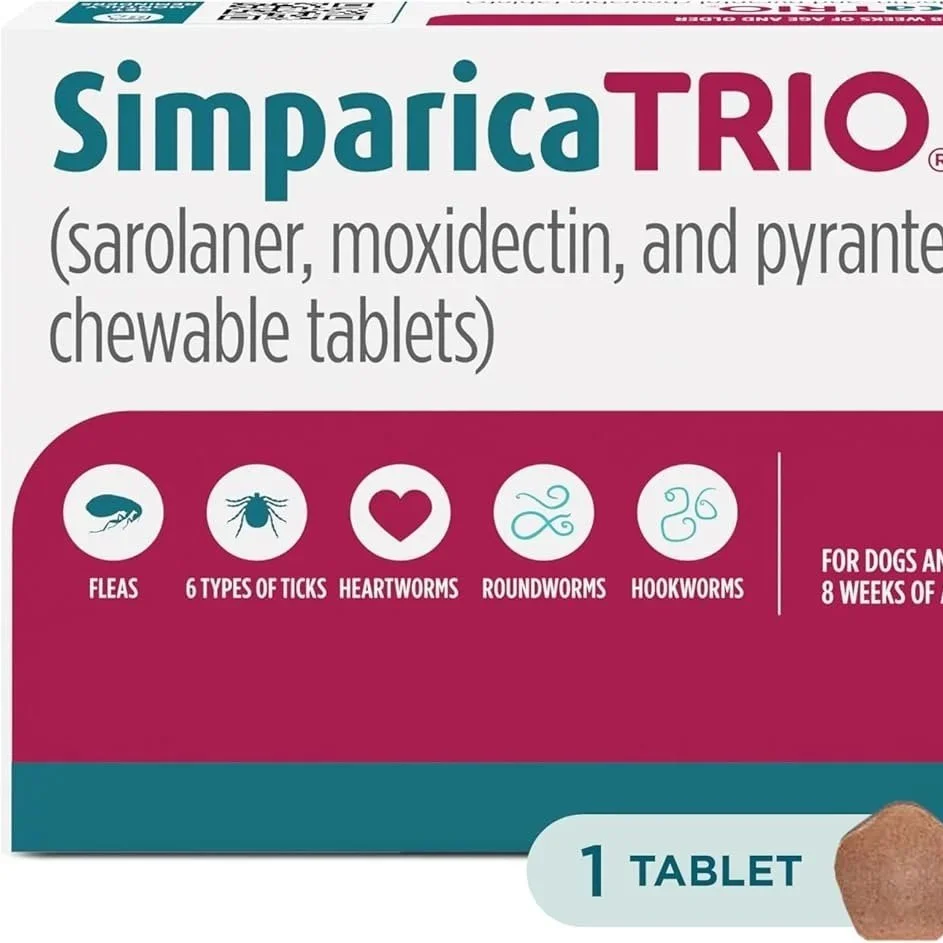 Simparica Trio (sarolaner, moxidectin, and pyrantel chewable Tablets) Chewables for Dogs, 3 mg/tab, 2.8-5.5 lbs, (Gold), 1 Tablet