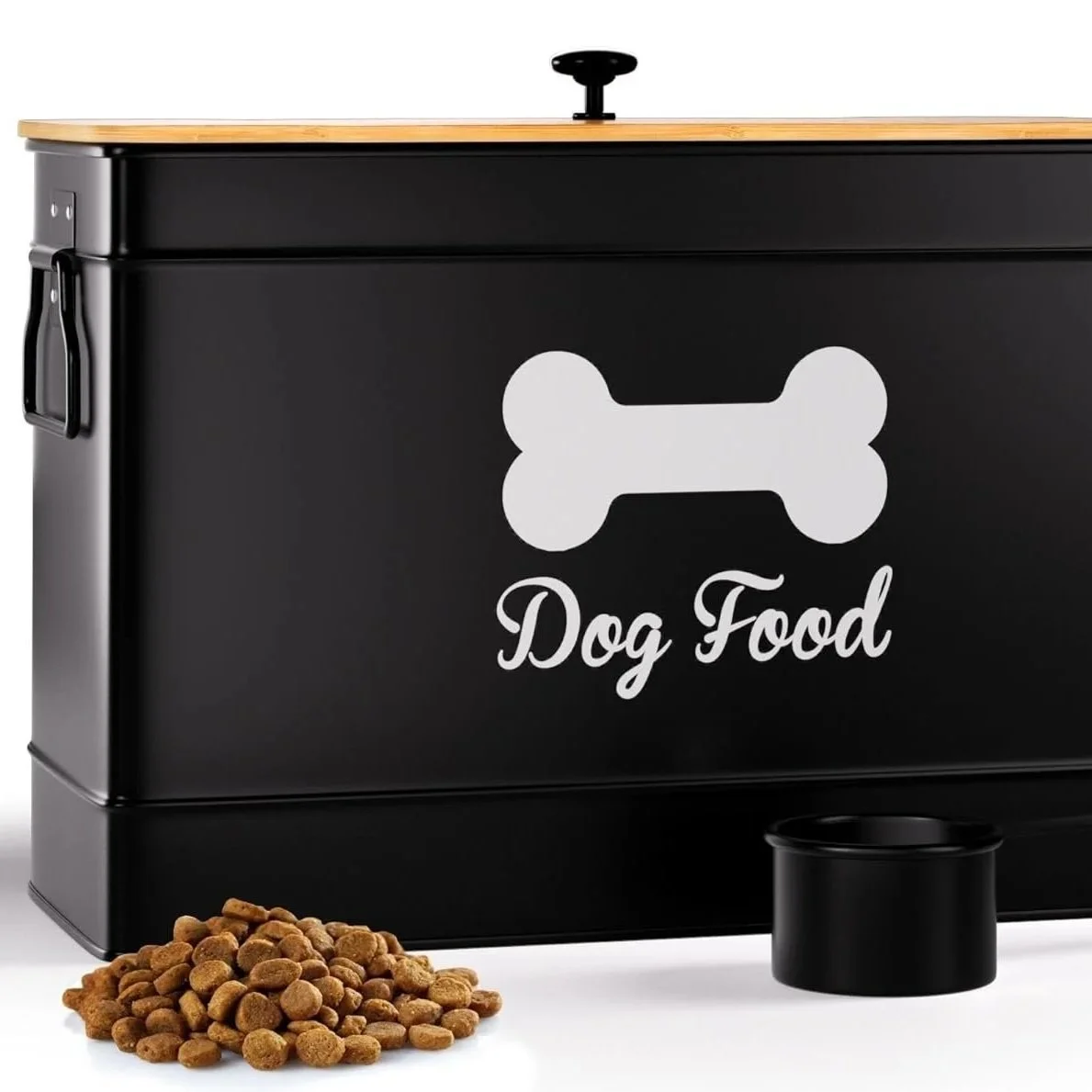 Dog Food Container Airtight 15 lb (50 Cup) Capacity with Metal Scoop - Cute Airtight Dog Food Storage Container with Bamboo Lid - Black Metal Kibble Storage Bin for Dogs up to 100 lbs - Big Pet Jar