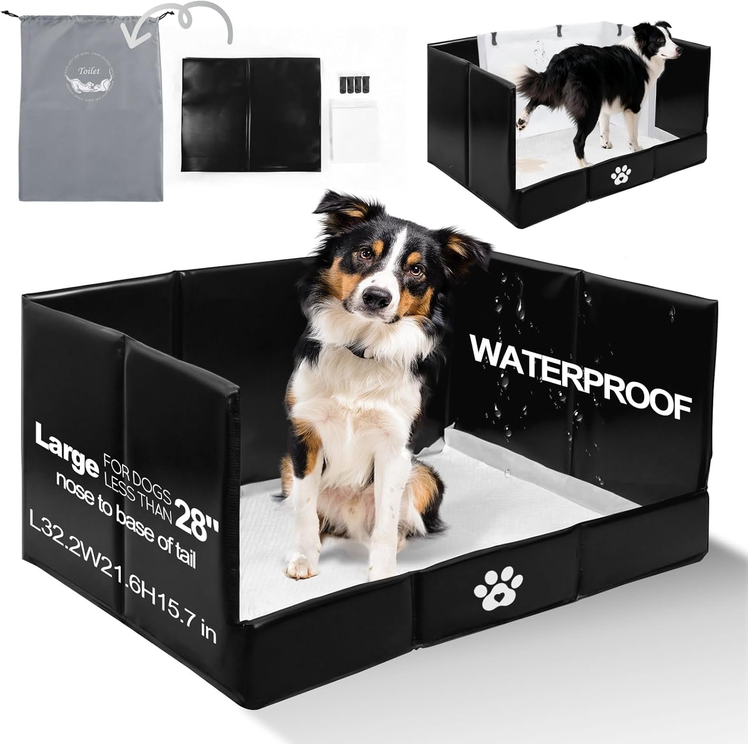 Dog Litter Box, Pee Pad Holder Foldable, Indoor Dog Potty Tray for Puppy & Medium Dogs, High Walls, Seamless, No Assembly, Waterproof, Easy to Clean, No Spill,Portable for Travel