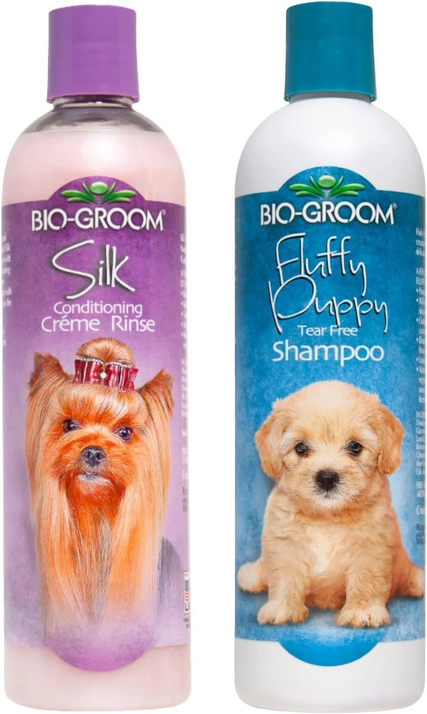 Bio-Groom Dog Shampoo and Conditioner Set - Tearless Shampoo for Dogs, Puppies & Cats, Moisturizing Conditioner for Dry Skin - Silk Conditioning Creme Rinse & Tear Free Shampoo, 12 Fl Oz Each (1 Set)