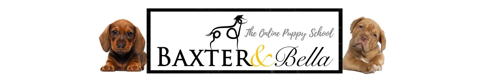 Logo for the online puppy school Baxter & Bella with two puppies on either side and a stylized dog with a graduation cap.