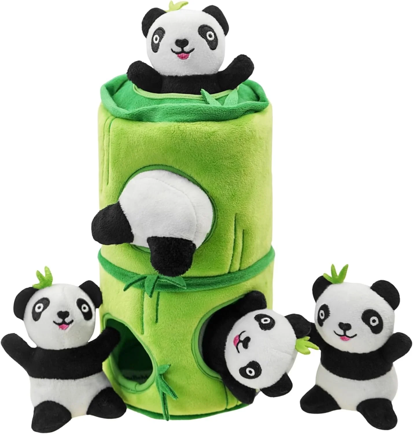 Hide and Seek Dog Toys, Interactive Squeaky Plush Puzzle Puppy Chew Toy to Keep Them Busy for Small Medium Large Dogs(Bamboo Hideaway with 5 Pack Panda)