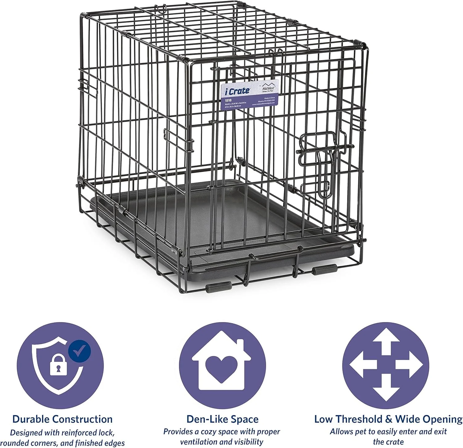 MidWest Homes for Pets 18-Inch iCrate for Tiny Breeds, Up to 10 lbs, Single Door Folding Dog Crate with Divider Panel, Leak-Proof Tray & Secure Latch, Portable, Durable & Easy to Assemble