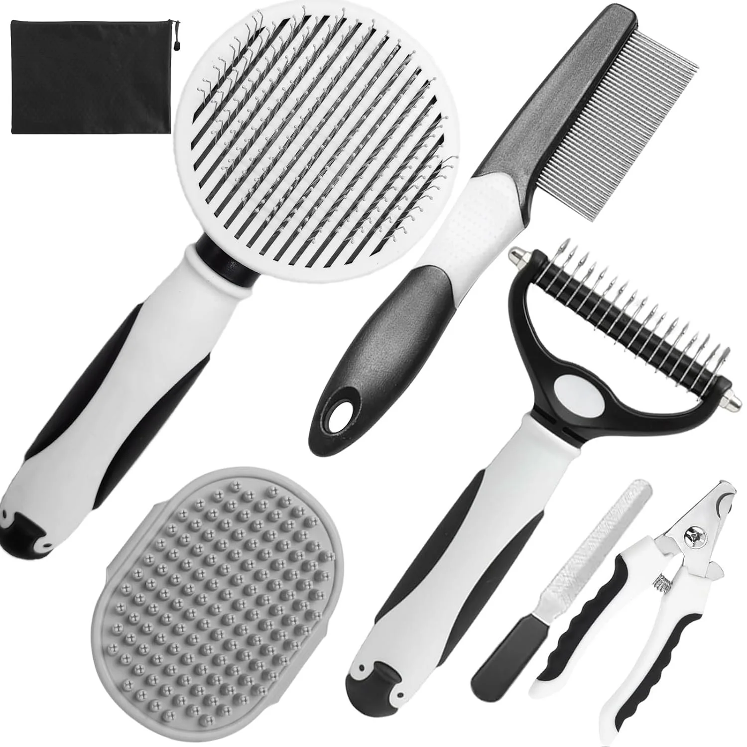 Dog Brush for Shedding, 7 PCS Dog Grooming Brush Kit, Undercoat Rake, Slicker Brush, De-shedding Comb, Bath Brush, Nail Clipper for Long & Short Haired Dogs, Black
