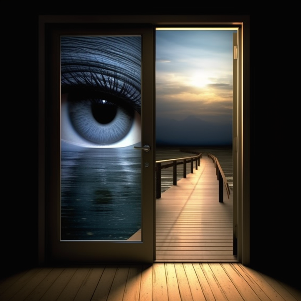 A door with an eye on it half open leading to a outside dock over the water