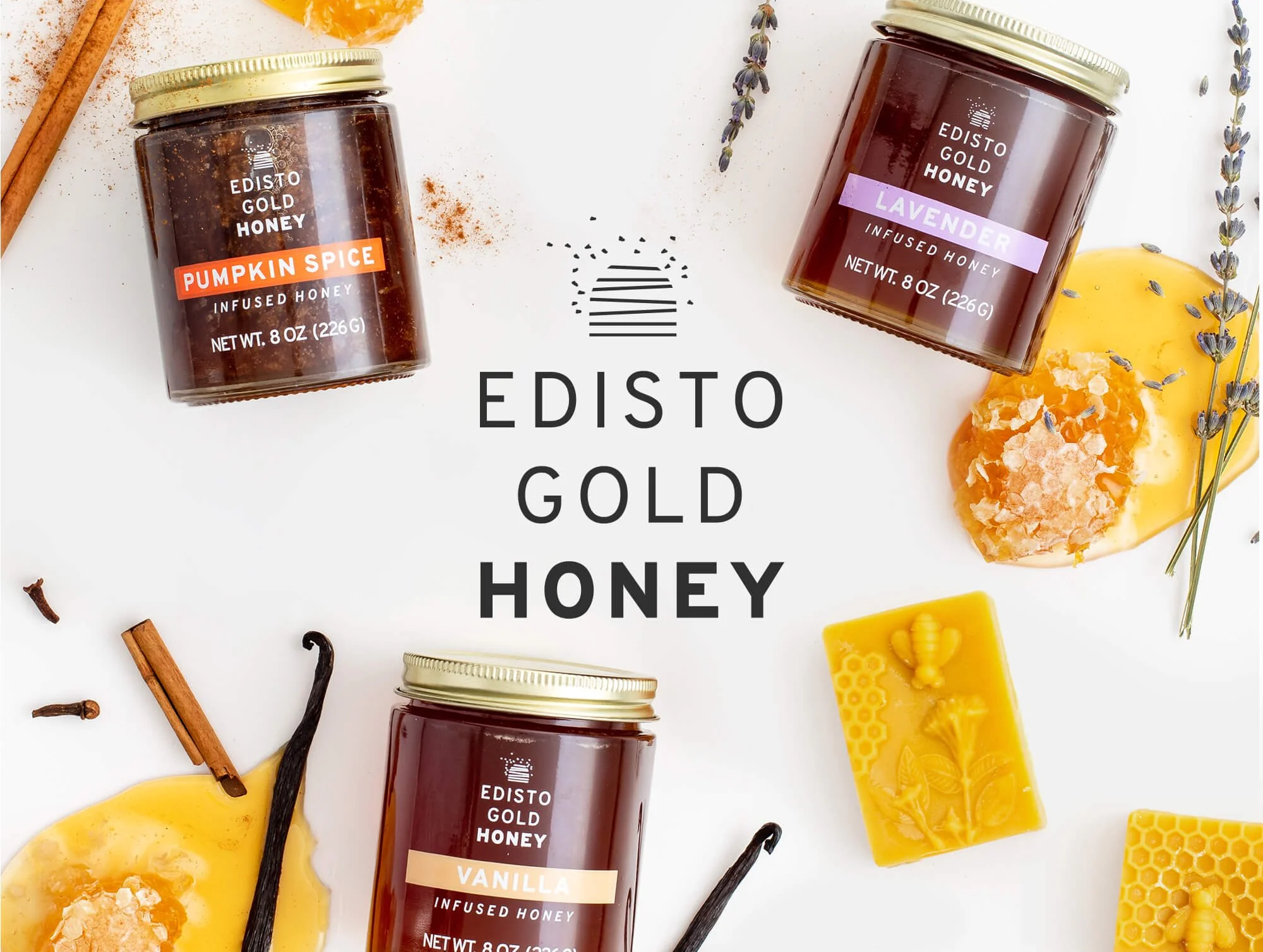 Edisto Gold Honey →</h3>Website branding & UI design. Product photography.