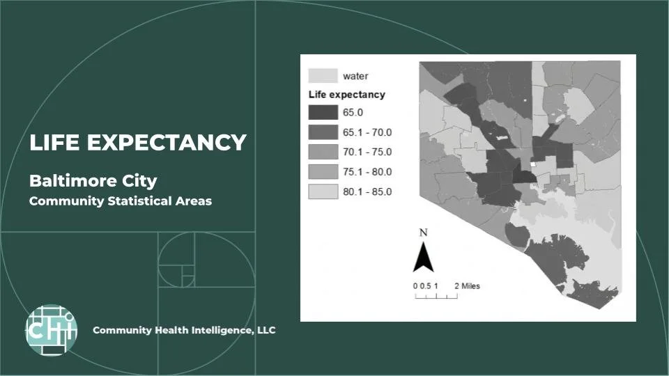 Map of Baltimore City showing community statistical areas with color coding for life expectancy ranges from 65 to 85 years.