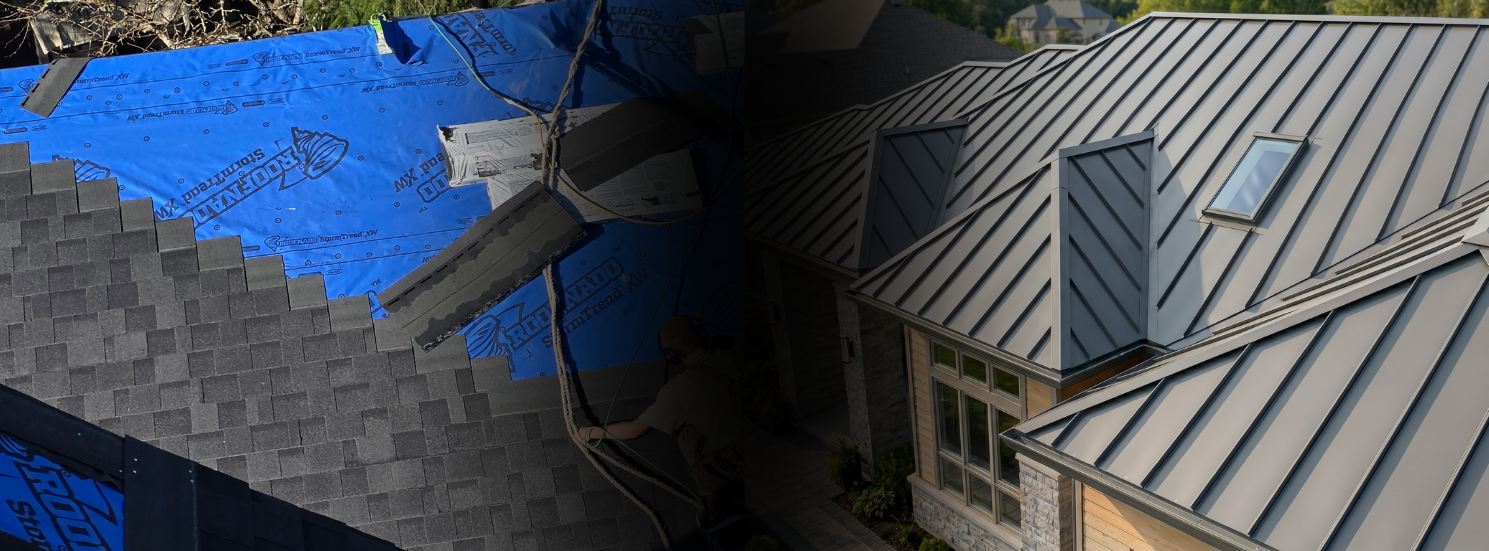 Comparison of a house's roof during construction with blue underlayment and gray shingles, and a finished house with a completed metal roof an skylights.