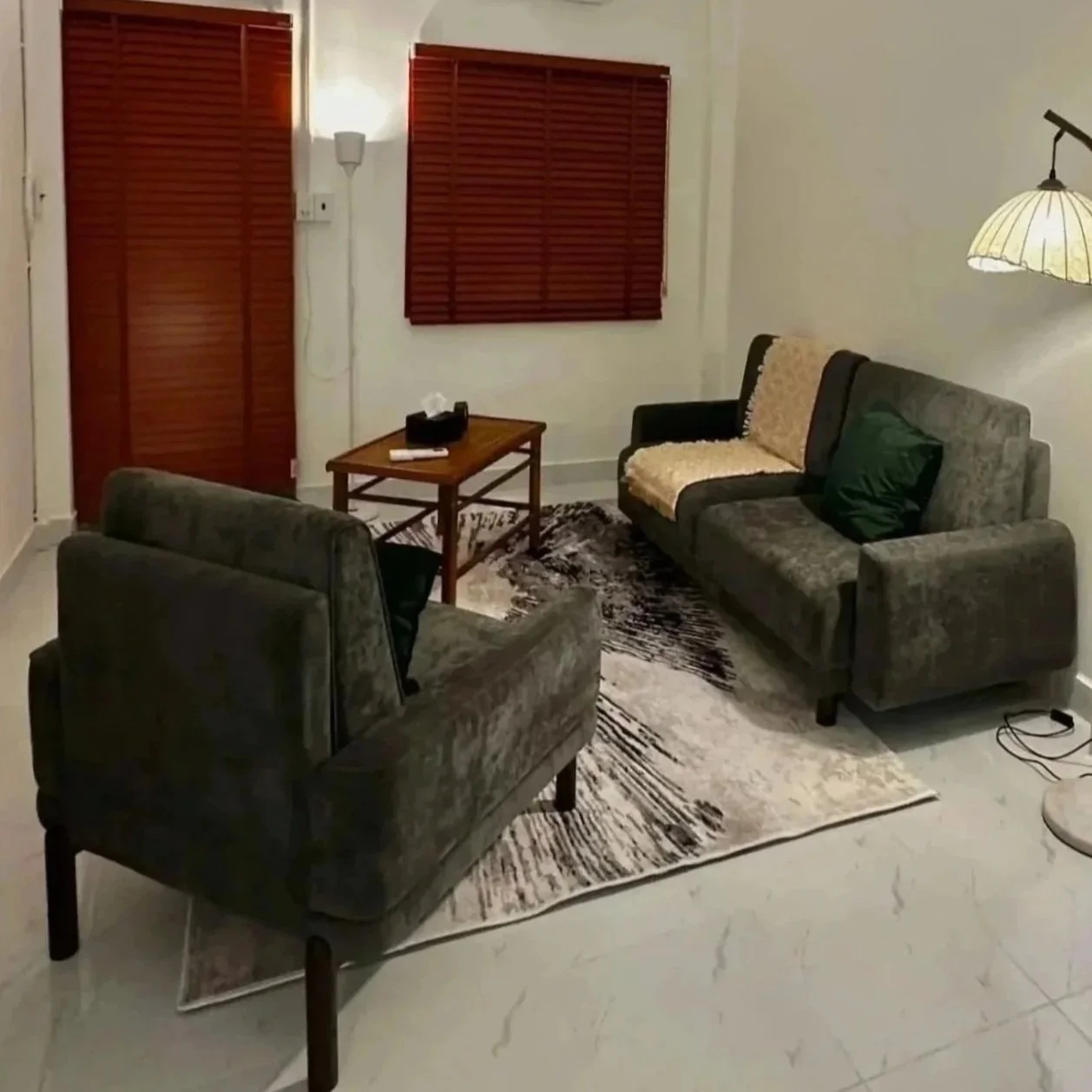 Phòng trị liệu nhỏ với hai ghế sofa xám, bàn trà gỗ, thảm hoa văn và rèm đỏ
