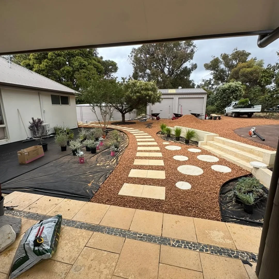 Garden installation with stepping stones and mulching in Margaret River, Western Australia