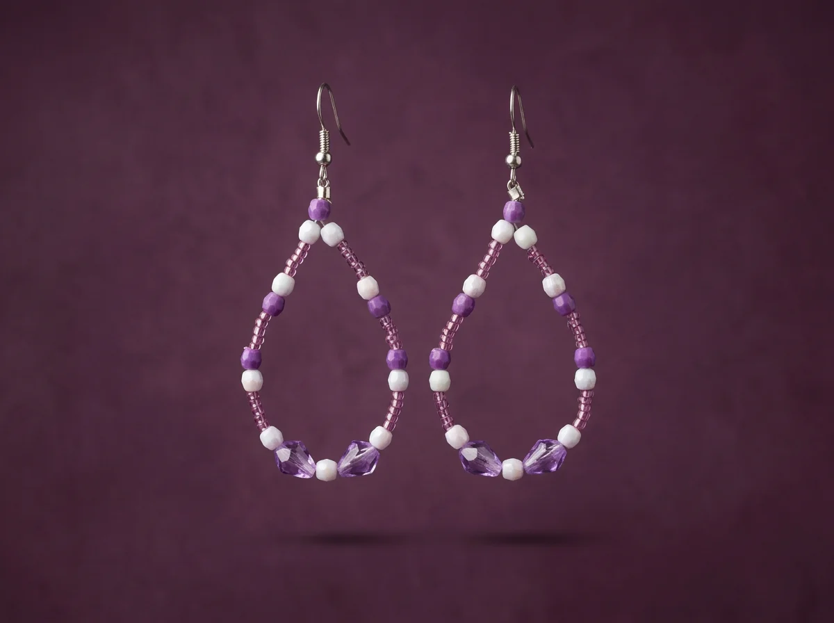 Beaded White & Purple Heart Teardrop Earrings