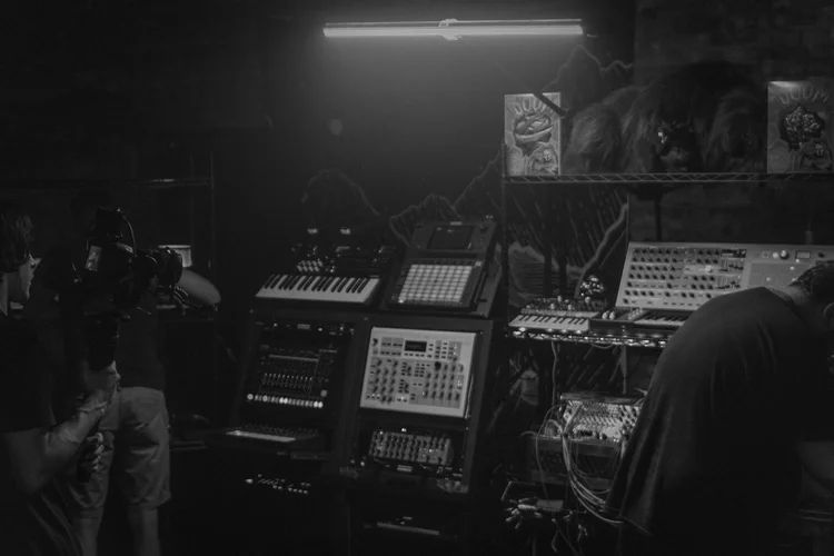 Black and white shoot in a synth studio
