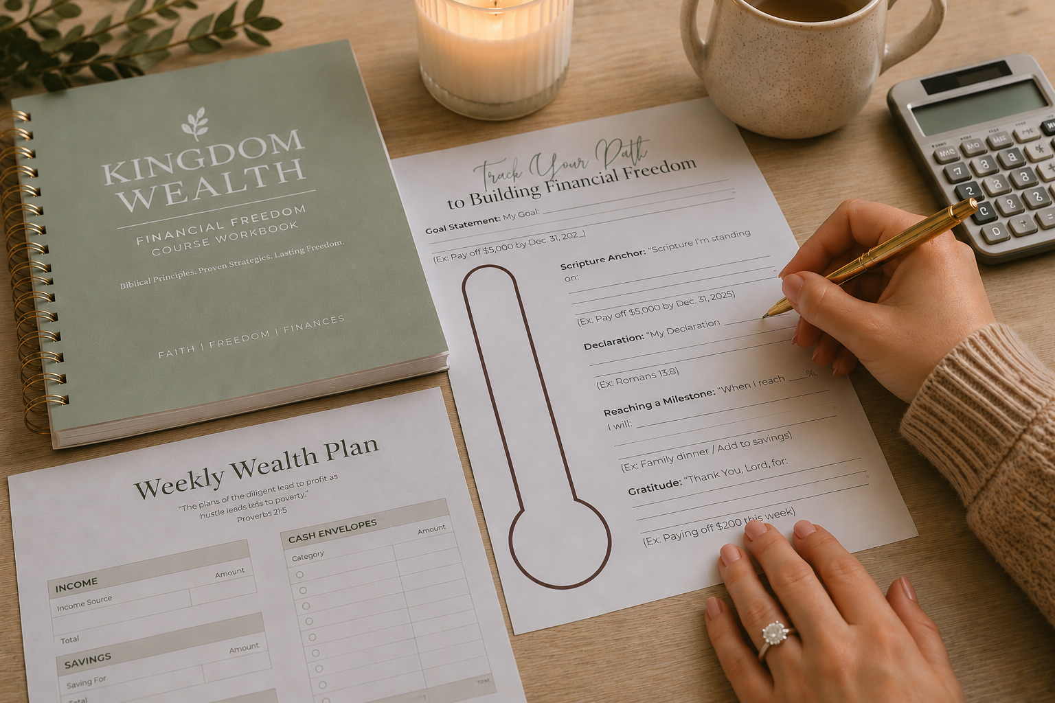 A participant works through the Kingdom Wealth financial freedom workbook, using budgeting and goal-tracking tools to build wealth and reduce debt.