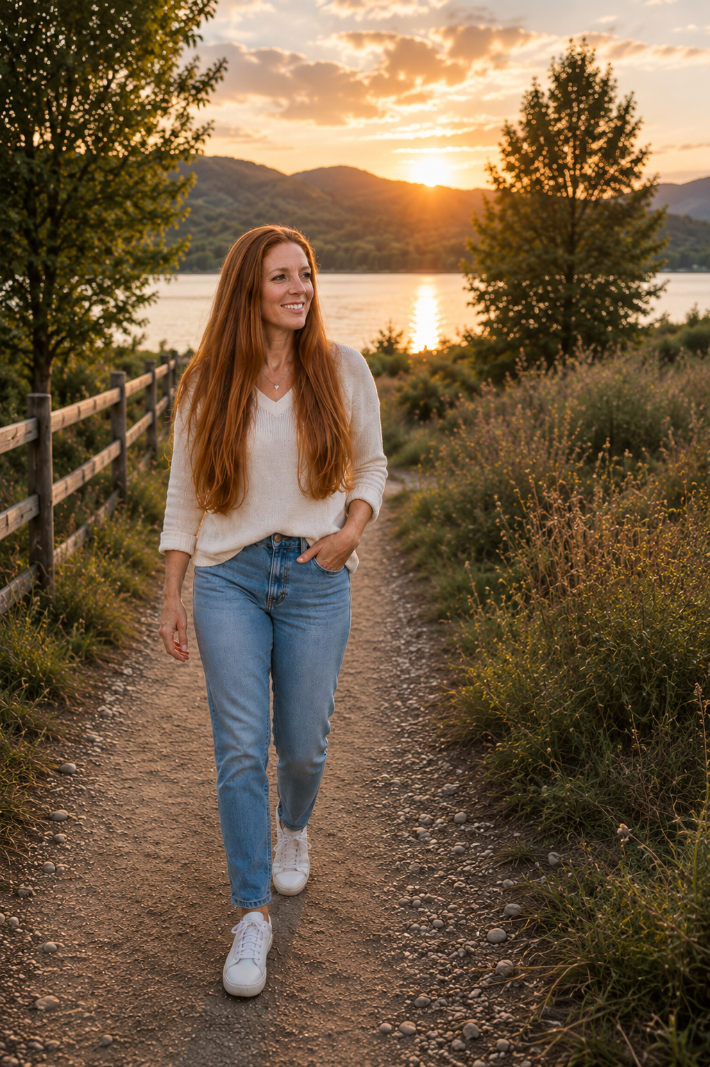 Lori (woman) walking along a lakeside path at sunset, representing a journey toward financial freedom.