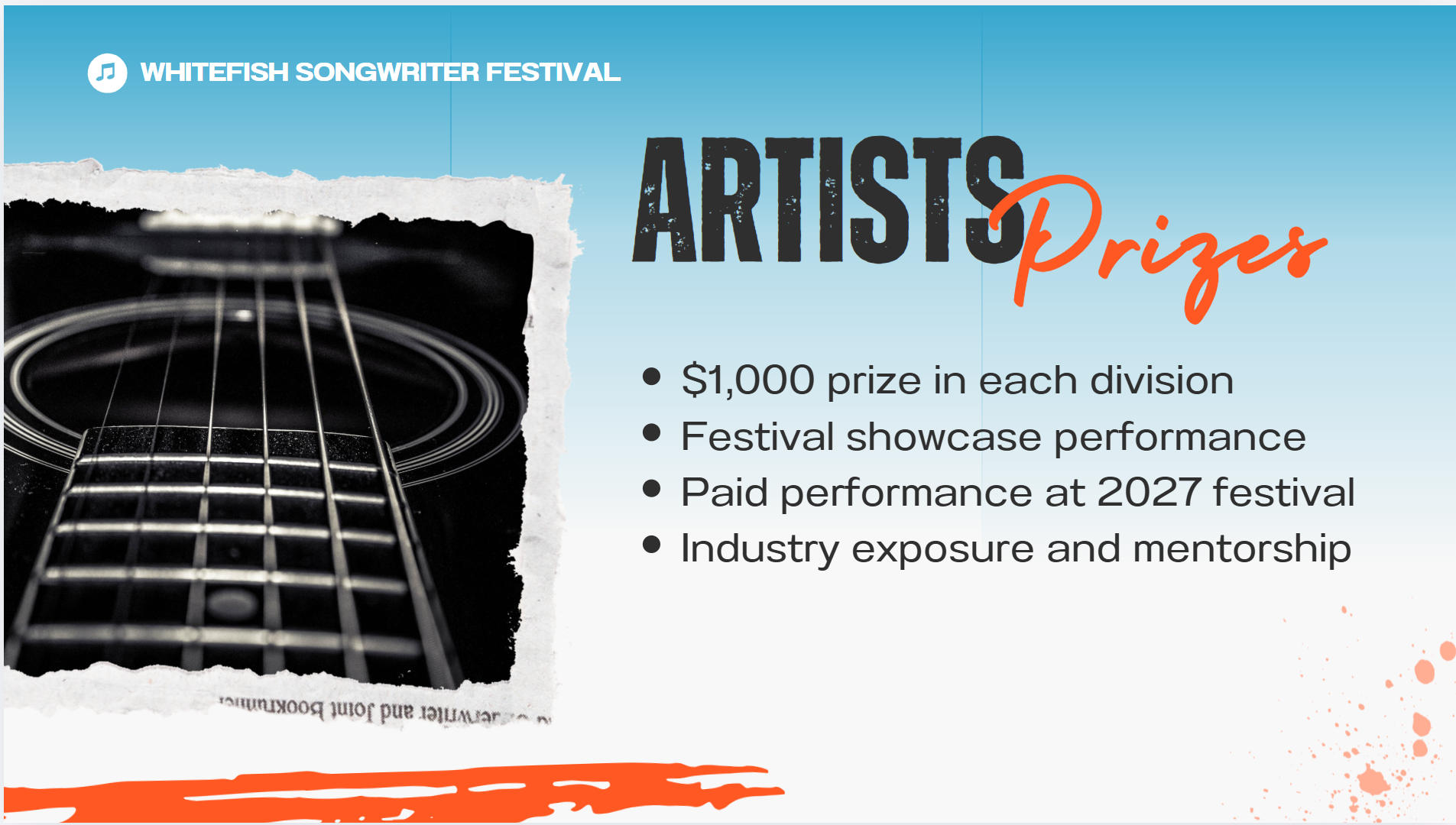 Flyer for the Whitefish Songwriter Festival promoting Artist Prizes with a photograph of a guitar's soundhole and strings.