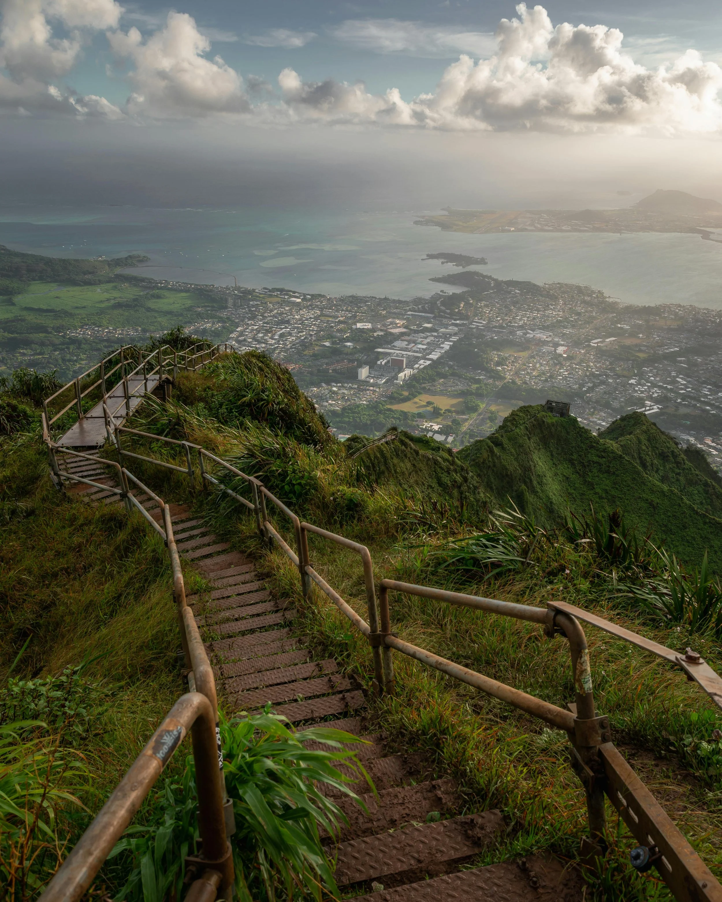 A wooden staircase with metal railings on a lush green hillside, leading downward toward a city and body of water in the distance, with cloudy sky above.