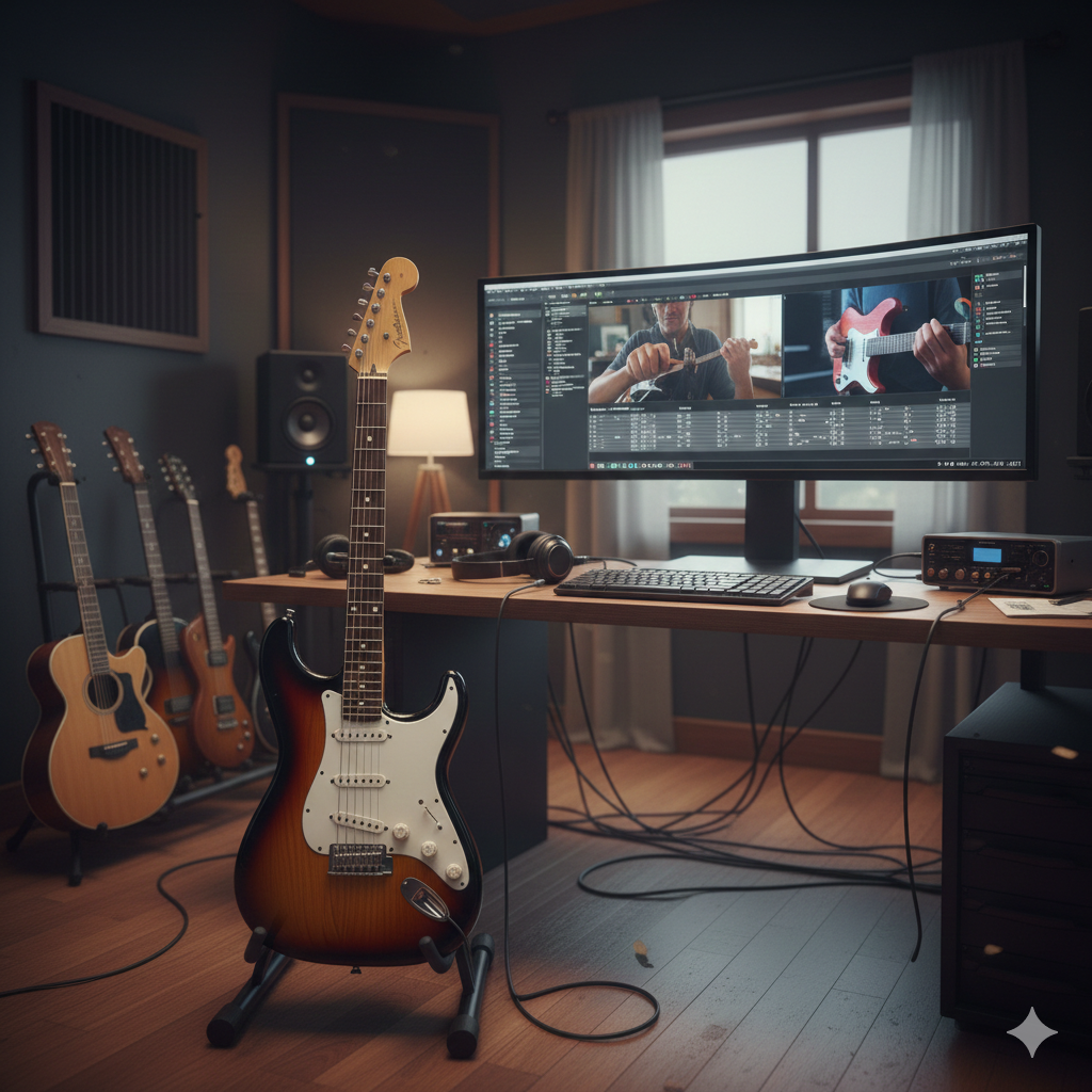 A music studio with a brown electric guitar on a stand in the foreground, several acoustic guitars on a stand against a blue wall, a computer monitor displaying video editing software, a keyboard, mouse, and audio equipment on a wooden desk, and a window with curtains in the background.