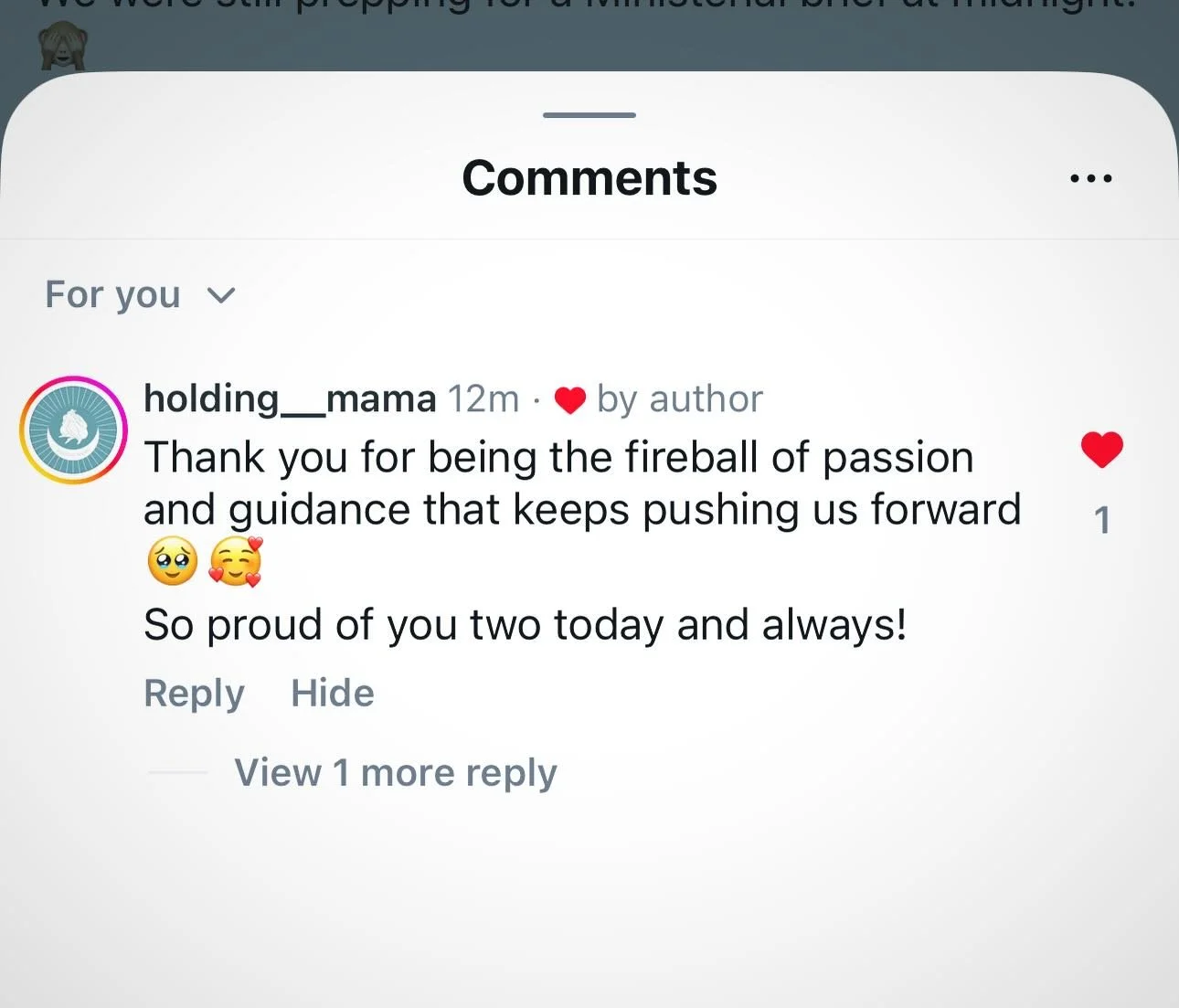 When one comment makes you simultaneously giggle and also want to burst into tears. 🥹

This came in after a huge stretching 24 hours working on Ministerial briefings and clearly a tad sentimental with the privilege + tired. 🙈

But I guess, for thos