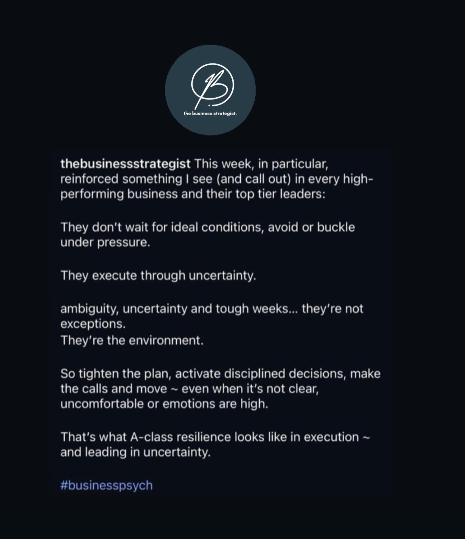 Execution in uncertainty is where top tier businesses live or die. 
And it&rsquo;s 99% on the business owner / leader to make this happen. 
End of story. 

#businesspsych