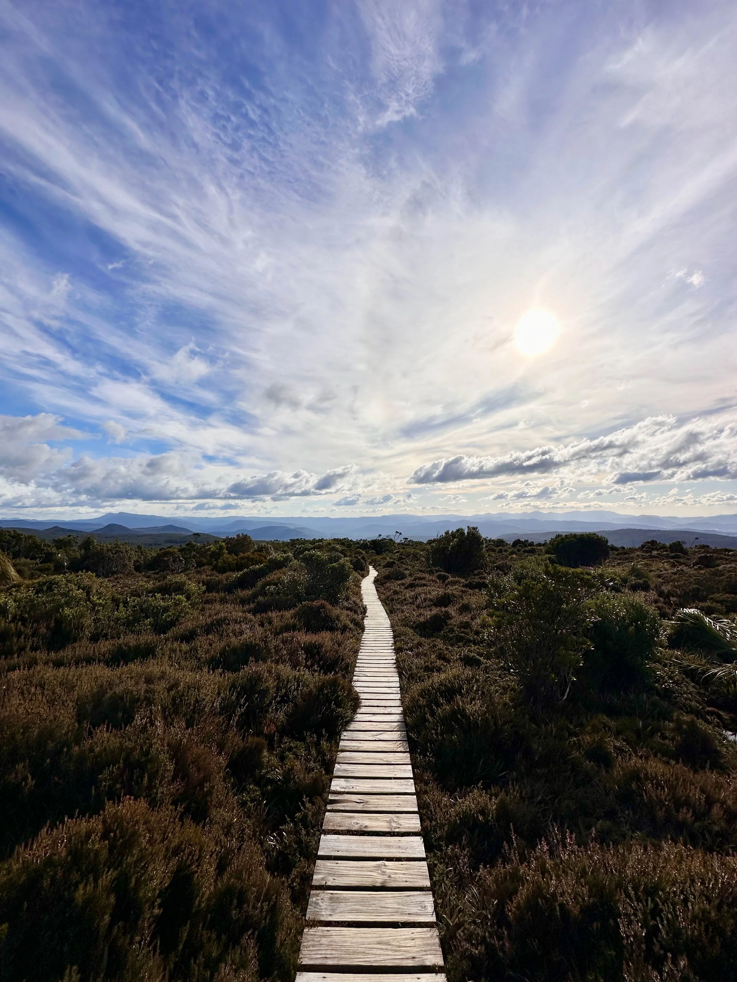 A wooden pathway leading through a bushy landscape with mountains in the distance and a partly cloudy sky with the sun shining.