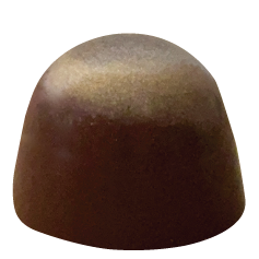 A dome-shaped milk chocolate bonbon with a smooth, glossy surface, finished with a subtle golden shimmer across the top.