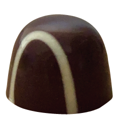 A dome-shaped dark chocolate bonbon with a glossy finish, featuring a clean curved white stripe arcing across the surface.