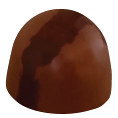 A dome-shaped milk chocolate bonbon with a smooth, glossy surface, featuring a dark, smoky brown streak running diagonally across the shell.