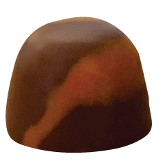 A dome-shaped dark chocolate bonbon with a smooth surface, decorated with a subtle marbled streak of orange running across one side.