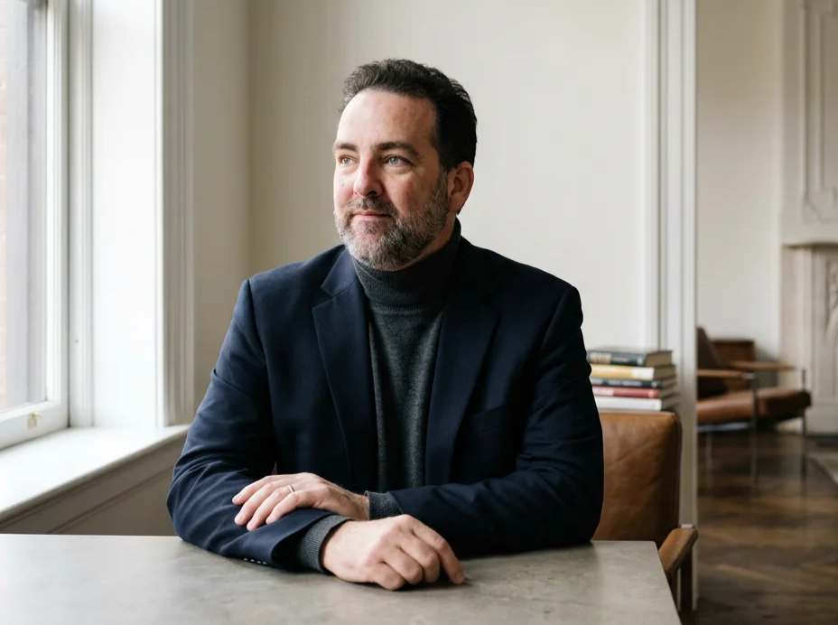 Bearded man in a dark blazer and turtleneck sitting at a table near a window