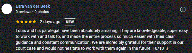 Screenshot of a Yelp review for Louis and his paralegal, praising their skills, communication, and support in a court case.