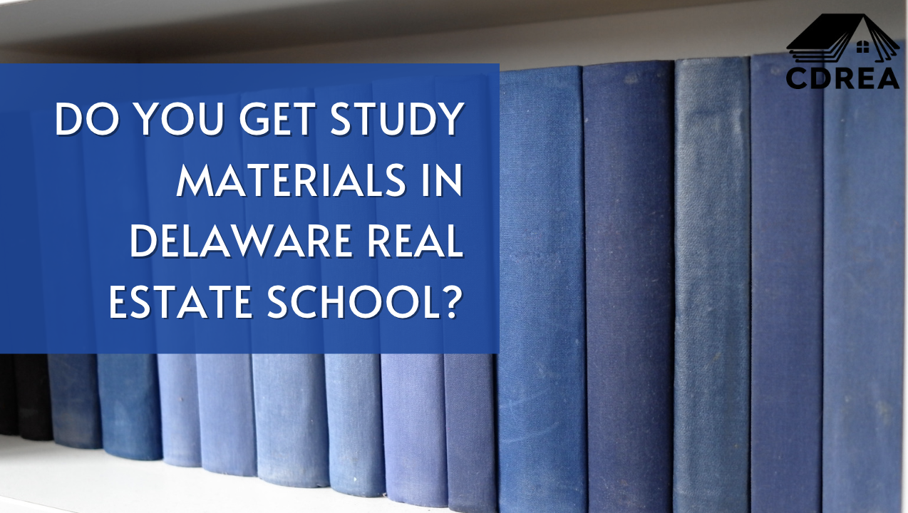A row of blue books on a shelf with the CDREA logo. Text overlay of "Do you get study materials in Delaware real estate school?"