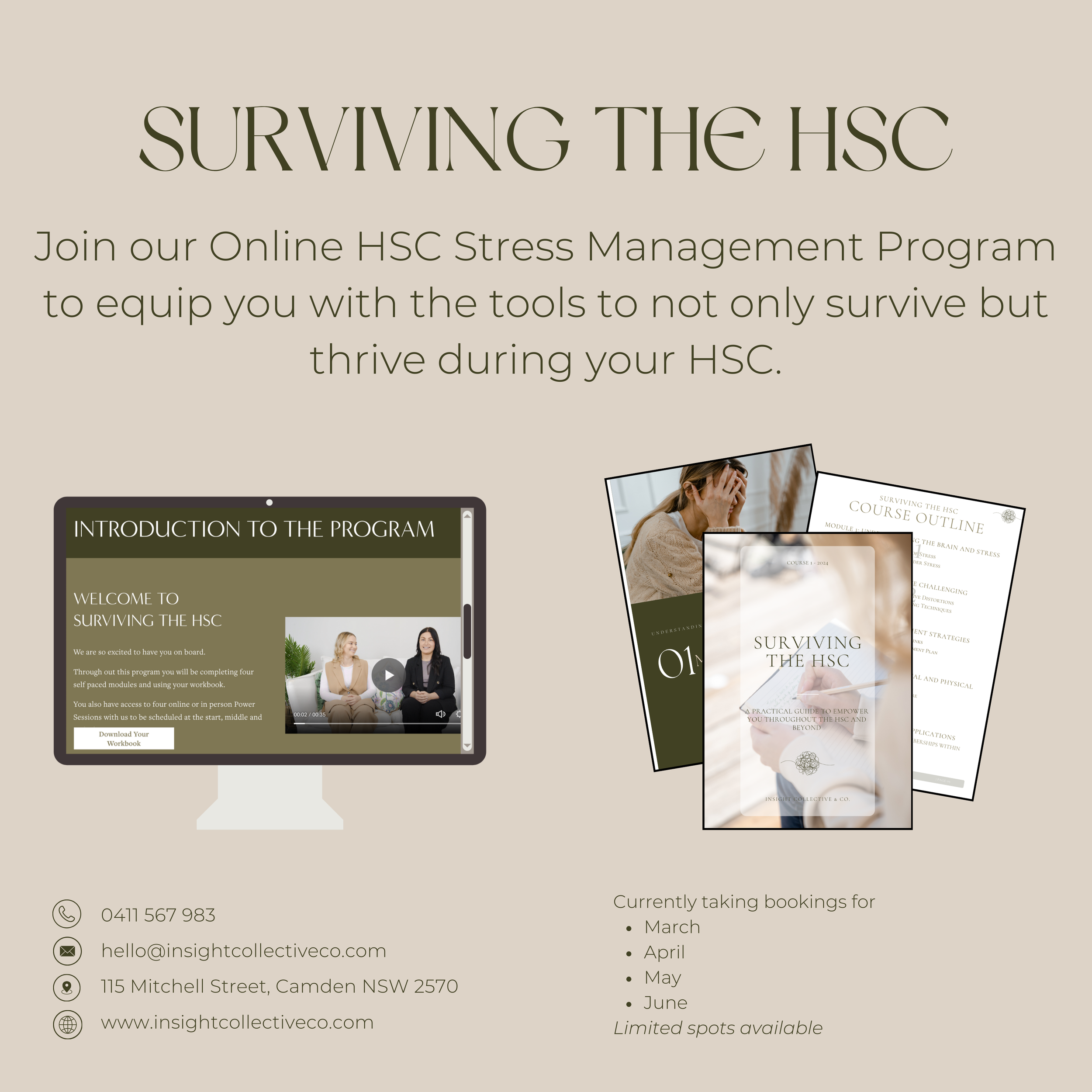 Text promoting an online stress management program for HSC students with contact information and booking details.