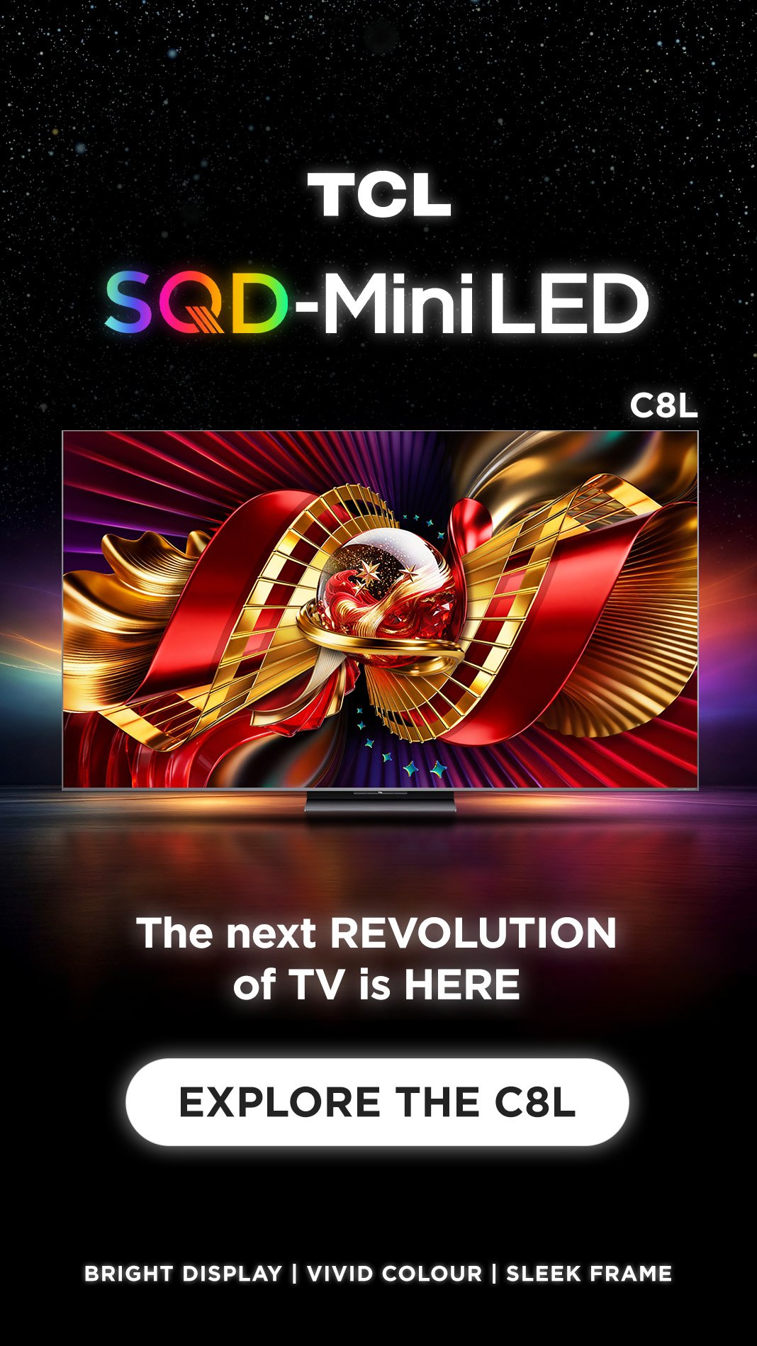 Advertisement for TCL QD-mini LED TV featuring a vibrant, abstract screen image with gold, red, purple, and black colors, and a call to explore the C8L model.