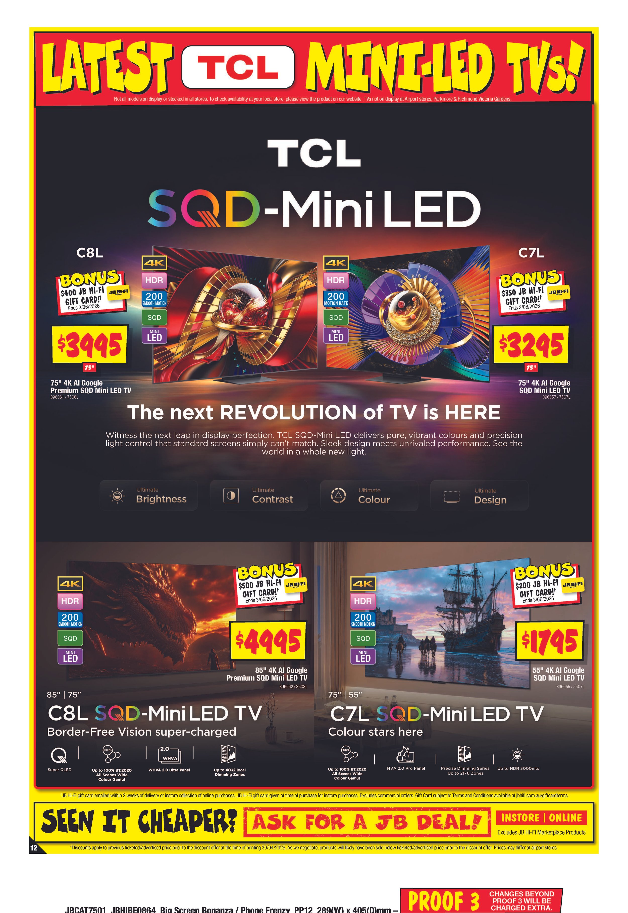 Advertisement for TCL Mini LED TVs with colorful graphics and pricing details, featuring two models, C8L and C7L, with bonus gift cards, specifications like 4K HDR, and vibrant display images. The ad emphasizes the latest in TV technology and promotes in-store or online purchases.
