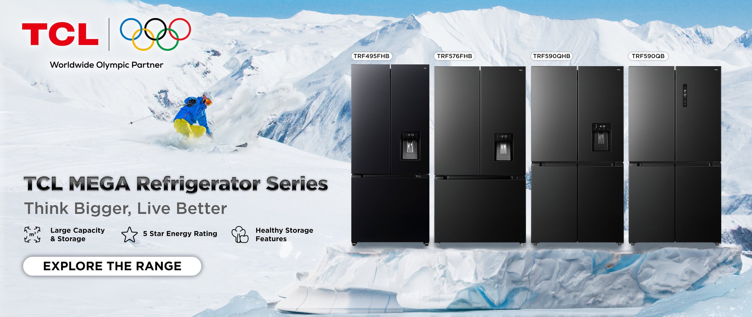 An advertisement for TCL MEGA Refrigerator Series with a snowy mountain background, a skier, and five black refrigerators. The ad emphasizes large capacity, energy rating, and healthy storage features.