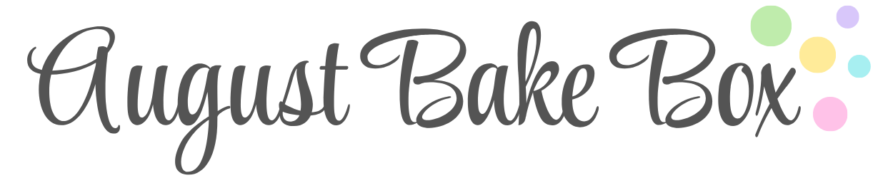 Graphic text that says 'August Bake Box' with colorful circle decorations.
