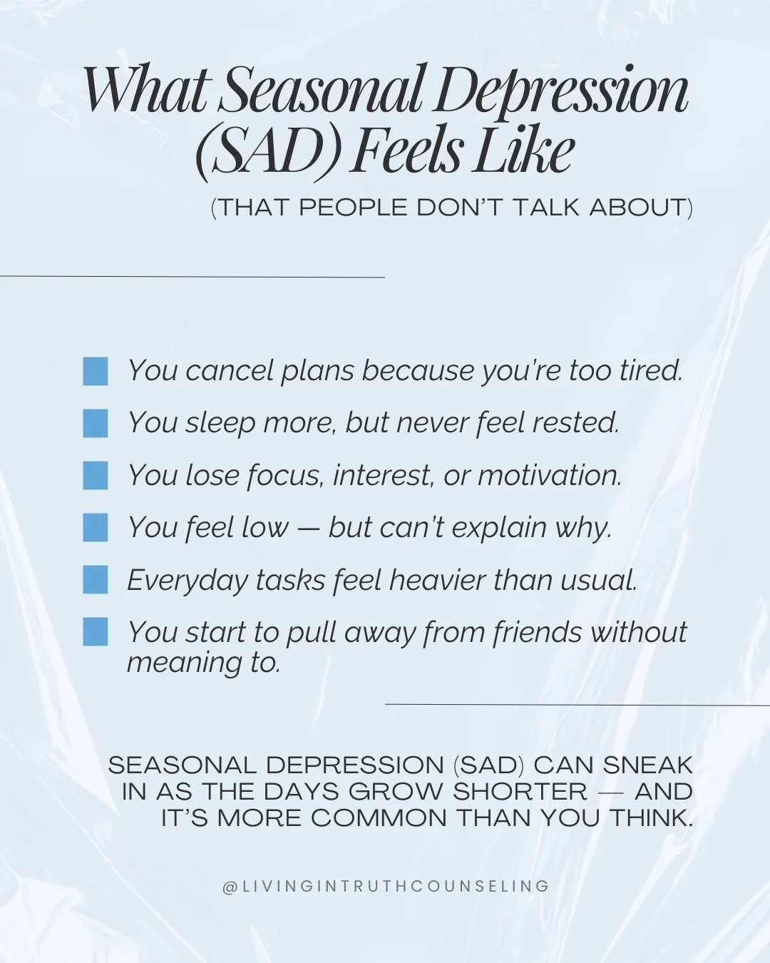 As days get shorter, care for yourself a little more. 🌙💙
.
.
.
#SeasonalDepression #SAD #MentalHealthAwareness #MindfulLiving #SelfCareTips #SeasonalWellness #Therapist #Counselor #TampaBay #TampaFL #Florida #StPete #Clearwater #LCSW #MSW #SocialWo