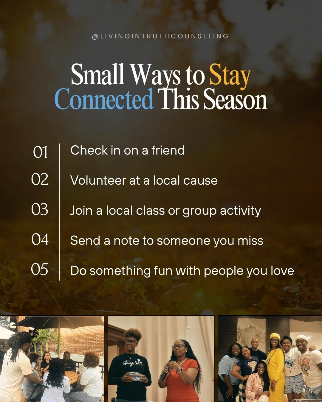 Stay connected — reach out, check in, and share your light. π€ π
.
.
.
#FallSeason #MentalHealthAwareness #CommunityCare #MindfulLiving #SeasonalWellness #SelfCare #EmotionalWellbeing #Therapist #Counselor #TampaBay #TampaFL #Florida #StPete #