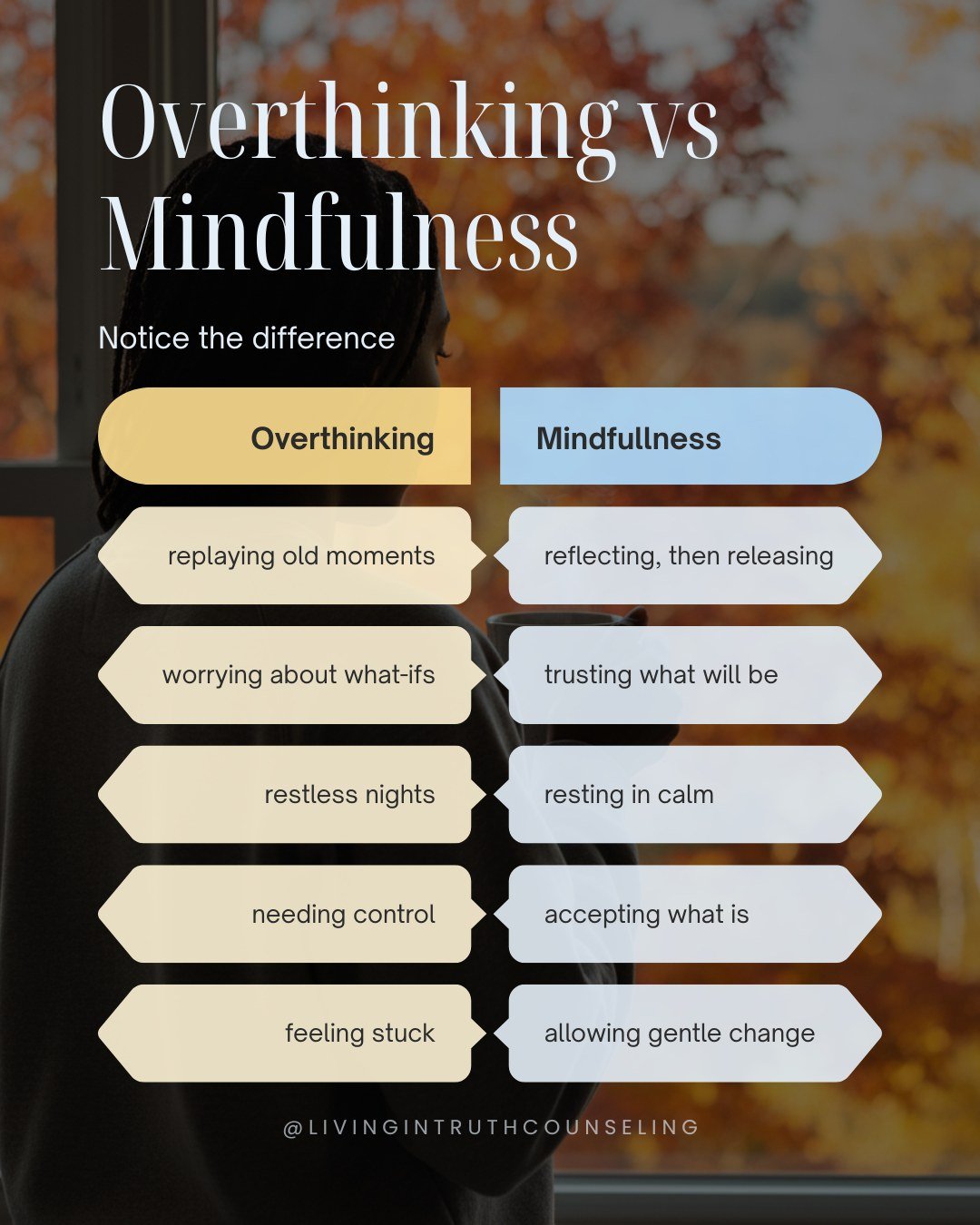 Overthinking vs. Mindfulness: a gentle reminder. 🫶🏾 💙
.
.
.
#MindfulLiving #OverthinkingAwareness #EmotionalWellness #SelfCareJourney #MentalHealthMatters #Therapist #Counselor #TampaBay #TampaFL #Florida #StPete #Clearwater #LCSW #MSW #SocialWork