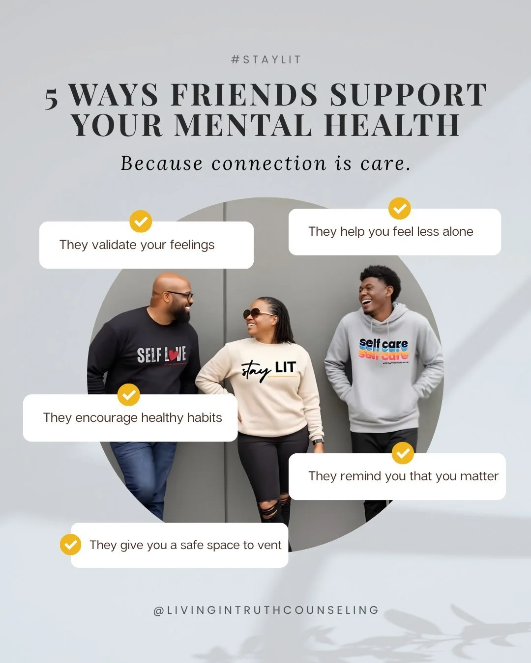 Because the connection is clear, especially around this time of year. 💙
.
.
.
#MentalHealthMatters #FriendshipGoals #YouMatter #SupportEachOther #ConnectedHearts #Therapist #Counselor #TampaBay #TampaFL #Florida #StPete #Clearwater #LCSW #MSW #Socia