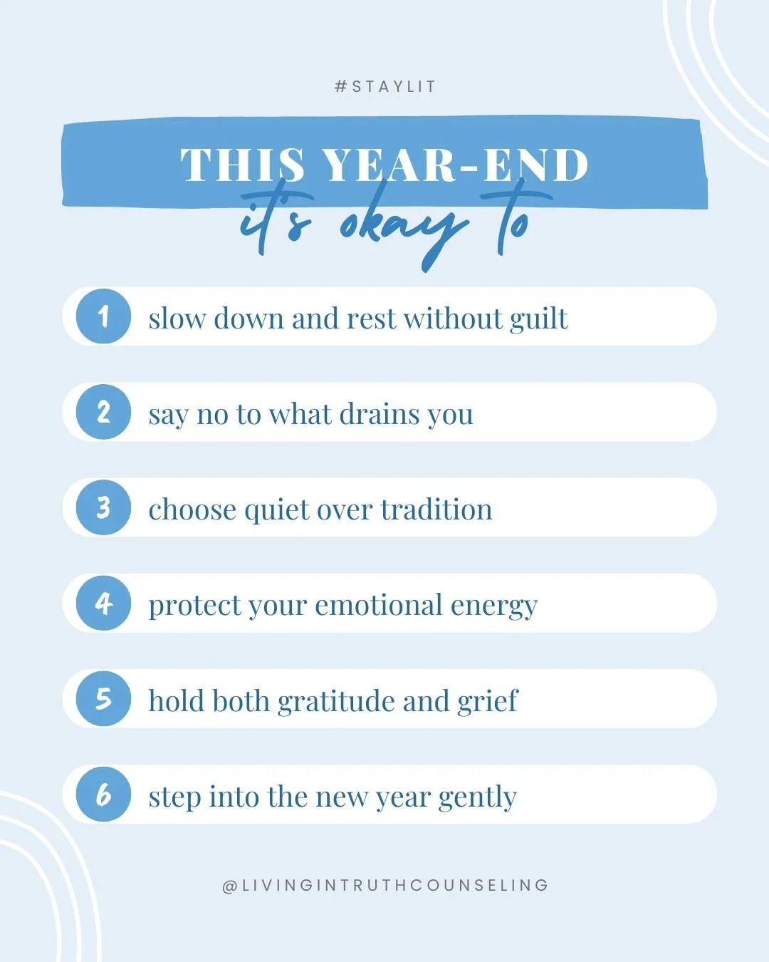 A gentle reminder as the year closes 🤍
.
.
.
#hAPPYnewYear #YearEndHealing #GentleReminders #MentalHealthMatters #SelfCareSeason #EmotionalWellbeing #Therapist #Counselor #TampaBay #TampaFL #Florida #StPete #Clearwater #LCSW #MSW #SocialWorkLife #LM