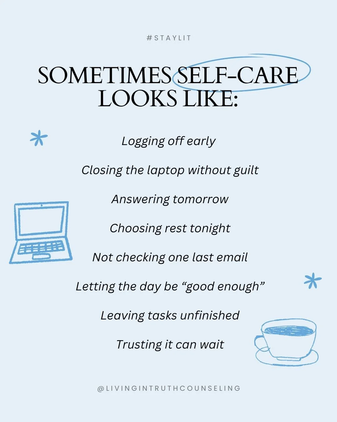 Small moments of care still matter.
.
.
.
#SelfCare #MentalHealthAwareness #RestMatters #Wellbeing #GentleLiving #Healing #Therapist #Counselor #TampaBay #TampaFL #Florida #StPete #Clearwater #LCSW #MSW #SocialWorkLife #LMSW #BSW #SelfLove #LITCounse