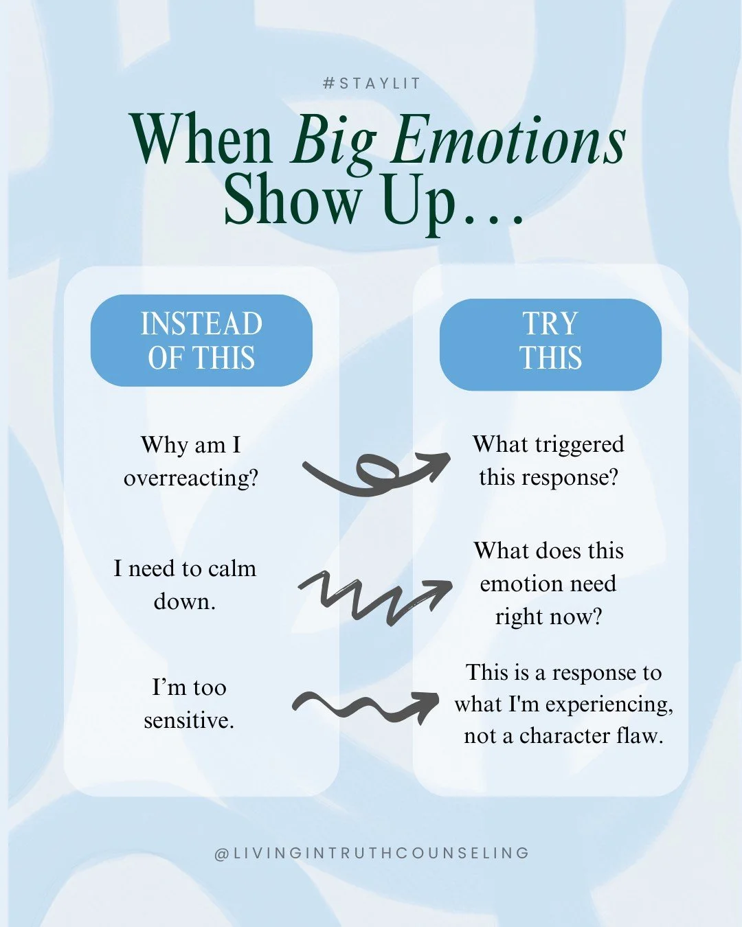 The intensity of big emotions is natural. We all experience them, sometimes even multiple at the same time. Reframing how we interpret these responses helps us understand where the emotion is coming from and what it may be trying to tell us. 🫶🏾
.
.