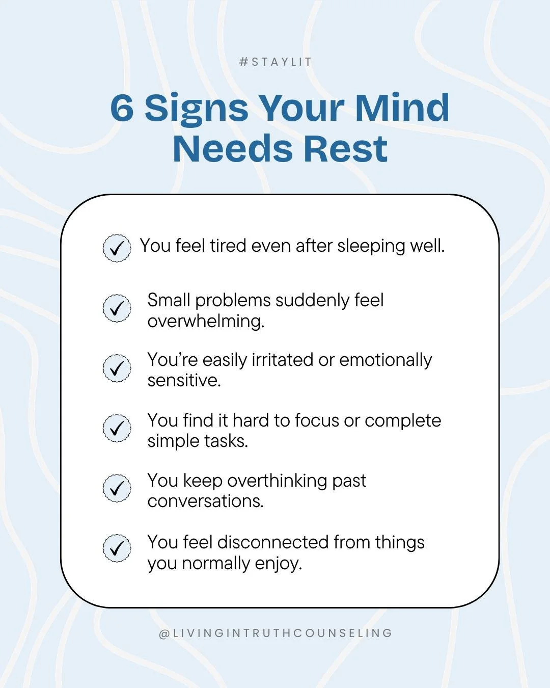 Your mind might just need rest. Pause, breathe, and reset. 💙
.
.
.
#MentalHealthMatters #SelfCareDaily #MindRest #MentalWellbeing #HealingJourney #TakeABreak #Therapist #Counselor #TampaBay #TampaFL #Florida #StPete #Clearwater #LCSW #MSW #SocialWor