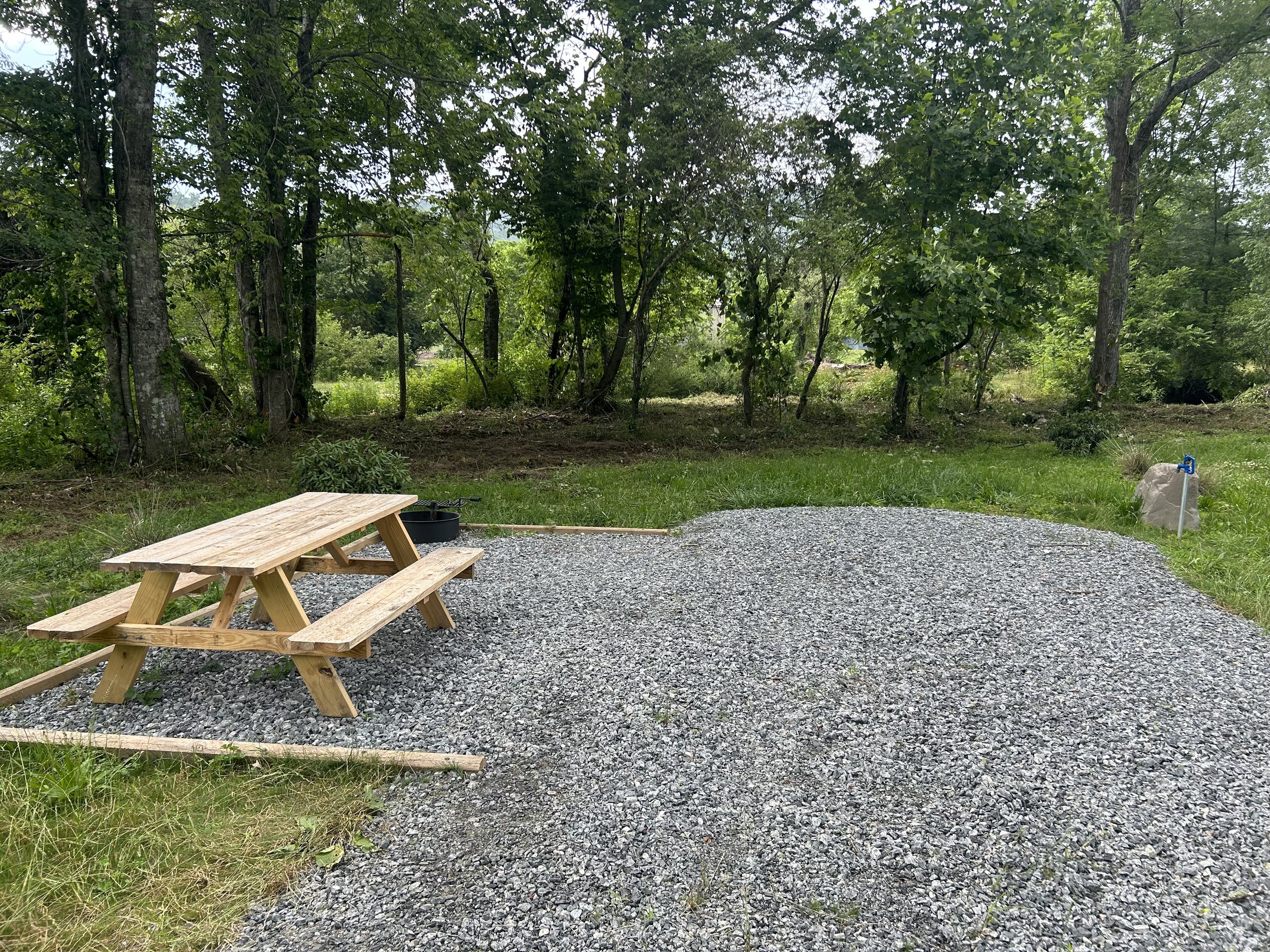 A backyard with a gravel area and a wooden picnic table. There are green trees and grass surrounding the space, with a blue garden hose visible on the right side and a black bucket near the picnic table.