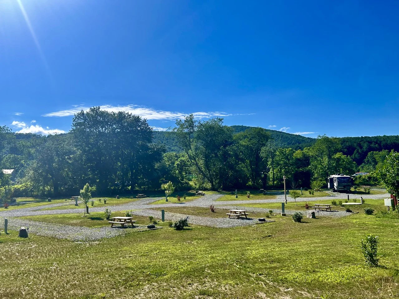 Scenic campground with picnic tables, small plants, and gravel paths, surrounded by green trees and hills under a bright blue sky.