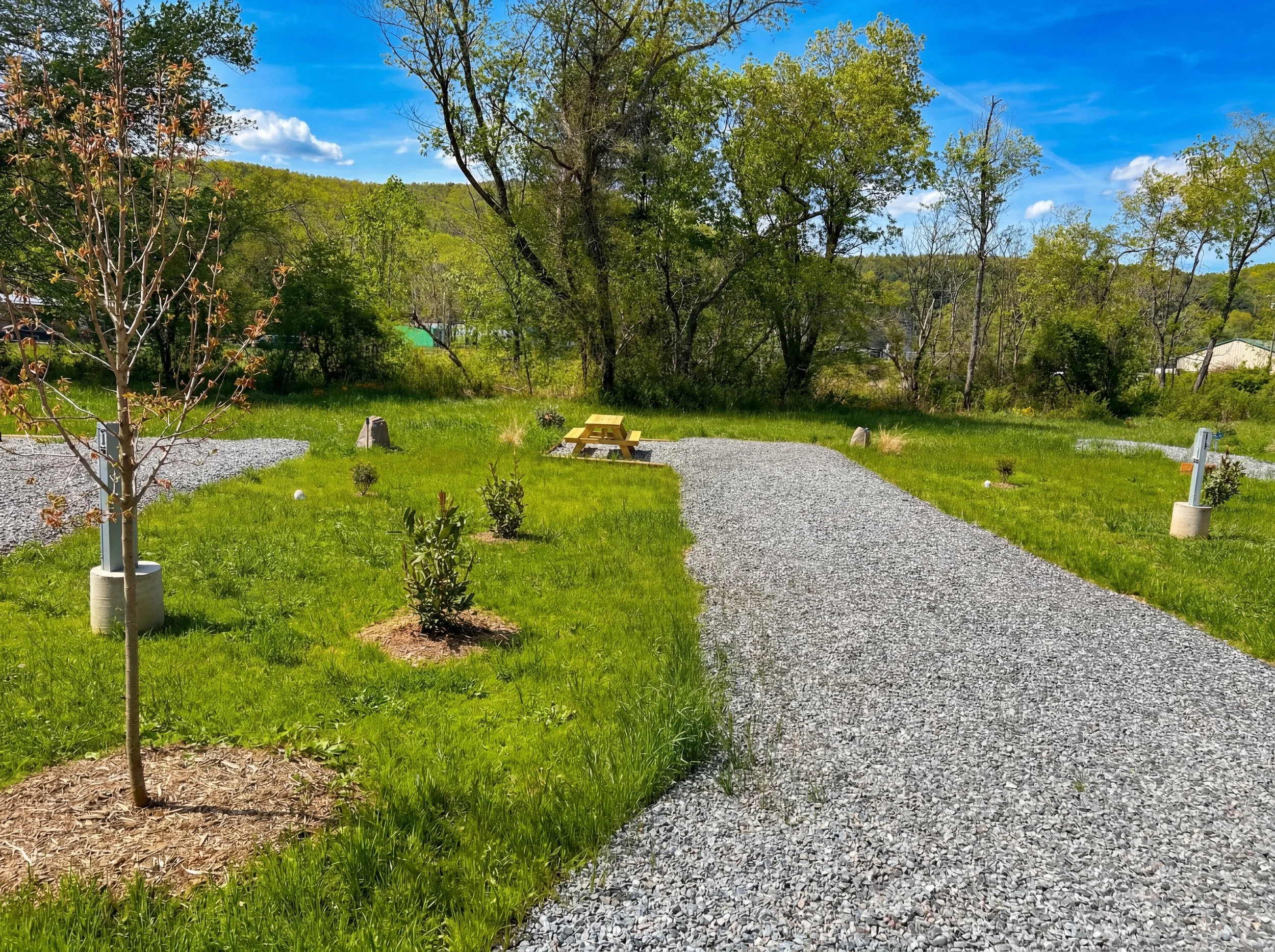 A gravel pathway through a green backyard with small trees, a picnic table, and a white fence, surrounded by trees and hills under a bright blue sky with clouds.