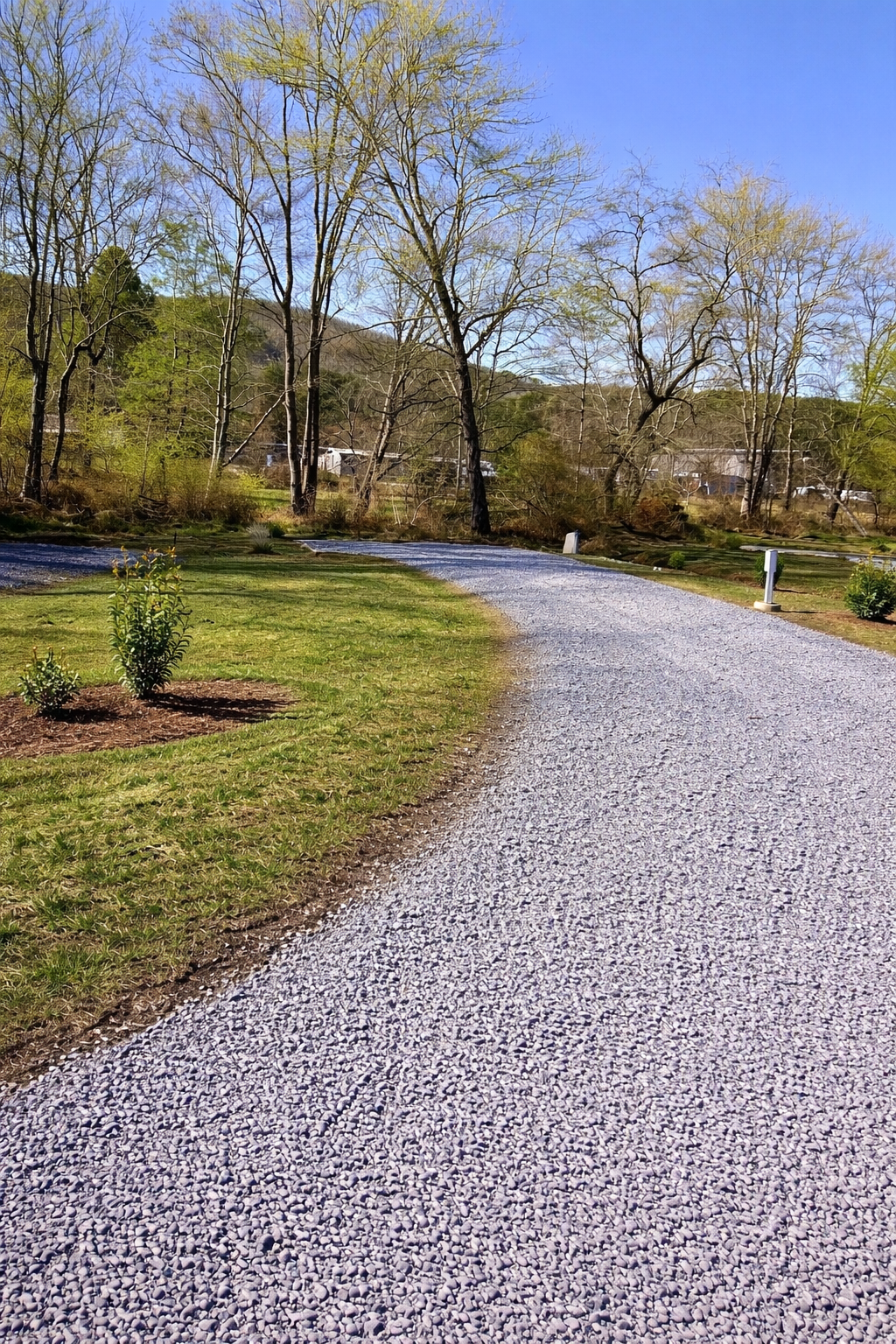 A gravel driveway curves through a yard with small bushes and green grass, lined by trees with budding leaves, under a clear blue sky.