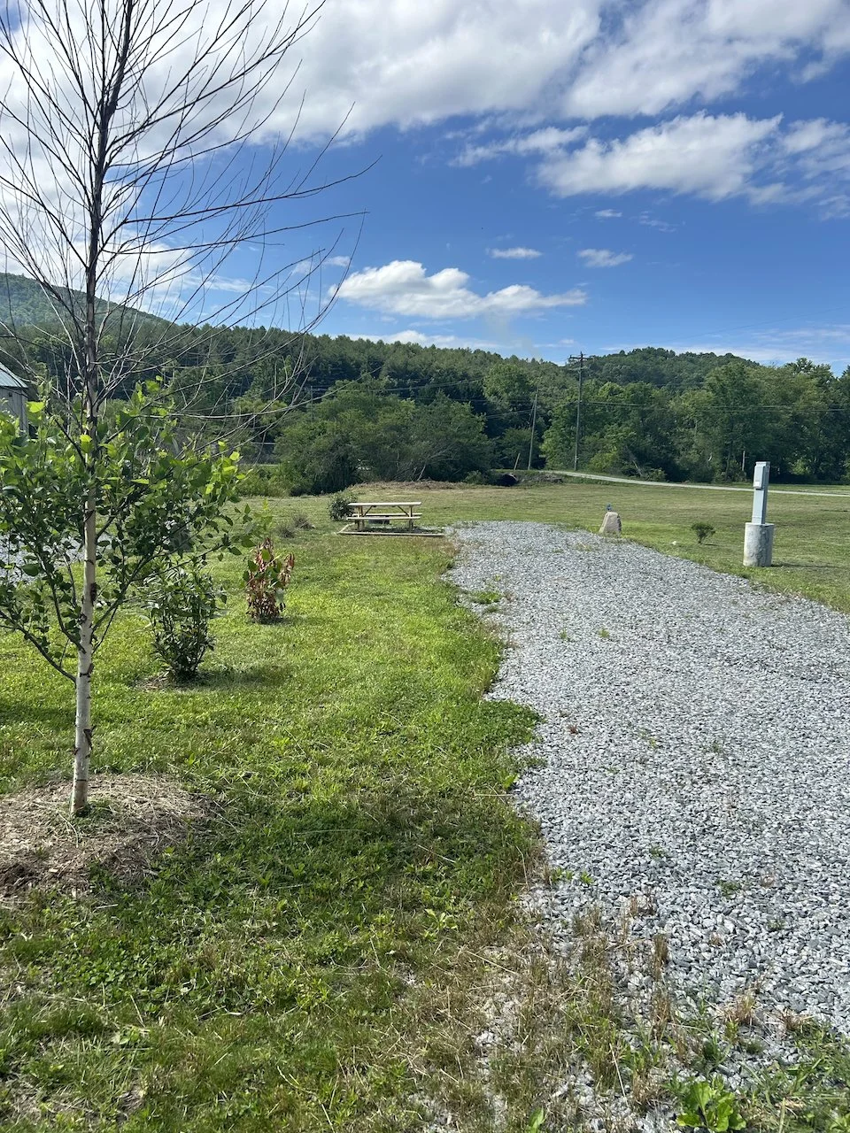 A gravel pathway curves through a grassy area with small trees and shrubs. In the background, there is a wooden picnic table, a viewing station, and hills covered with trees under a partly cloudy blue sky.