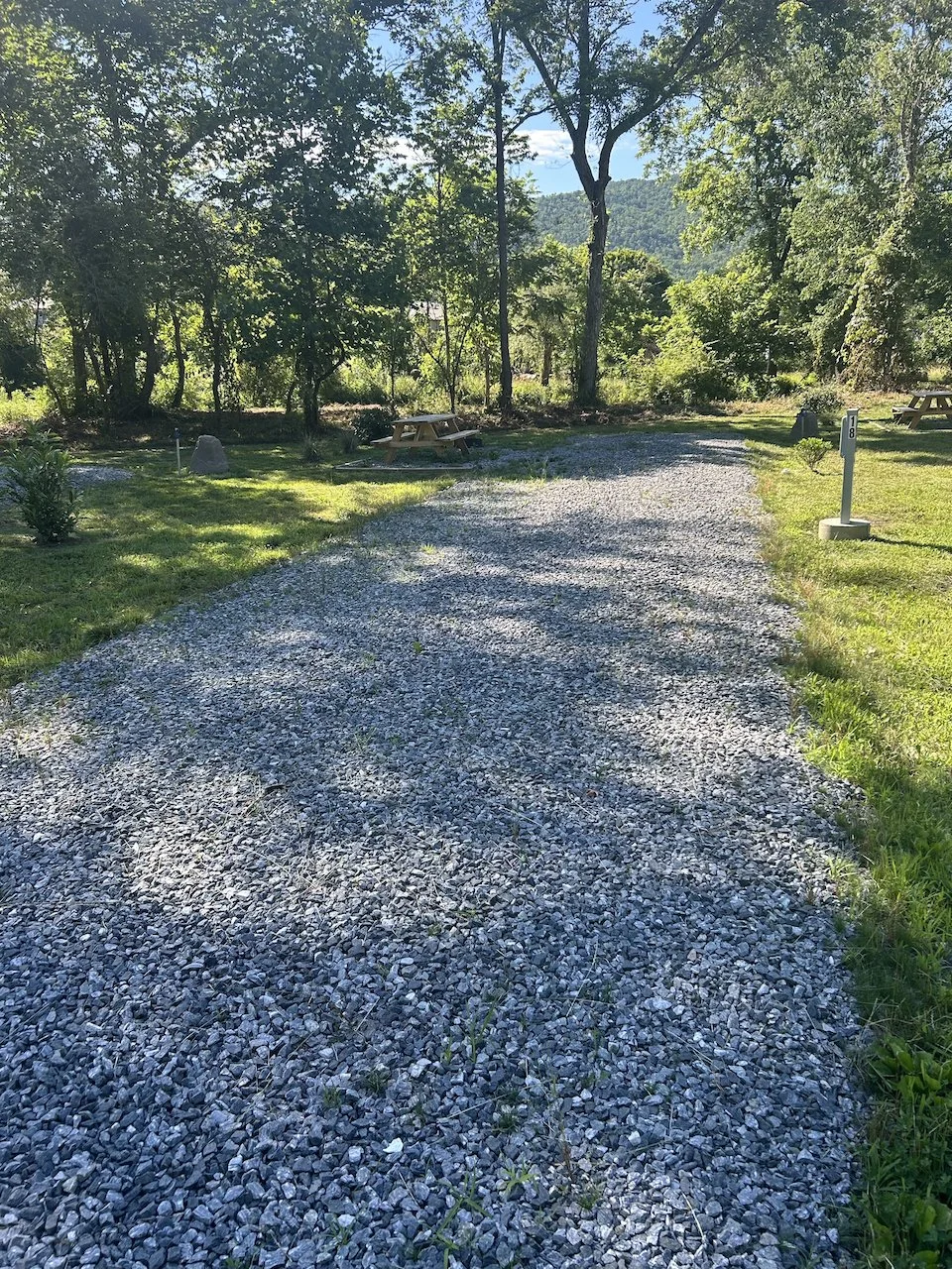 Gravel campsite area with trees, picnic tables, and campsite markers surrounded by greenery and mountain view in the background.